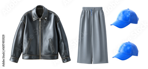 Stylish Leather Jacket, Sporty Shorts, and Blue Cap Fashion Set