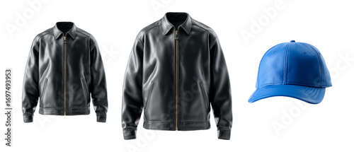 Stylish Black Leather Jacket and Blue Cap for Fashion Collection