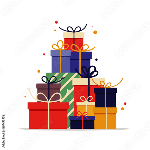 A stack of colorful gift boxes tied with ribbons, arranged in a pyramid shape against a white background.