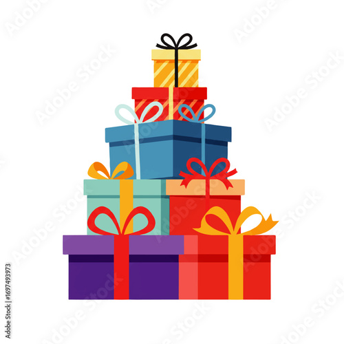 Stack of colorful gift boxes, tied with ribbons, arranged in a pyramid shape on a white background.