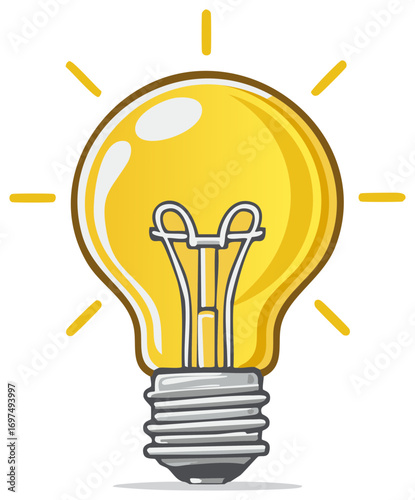 Bright glowing yellow cartoon light bulb shining, a symbol of idea and inspiration.