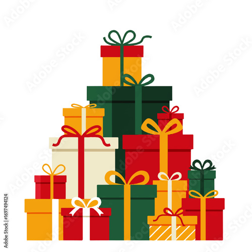A stack of colorful gift boxes arranged in a pyramid shape, decorated with ribbons and bows, isolated on a white background.