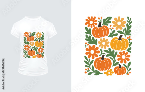 White T-shirt Mockup with Orange Pumpkins and Floral Design vector illustration