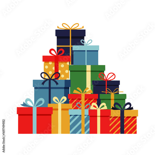 Stack of colorful gift boxes with ribbons and bows, arranged in a festive pyramid shape against a white background.