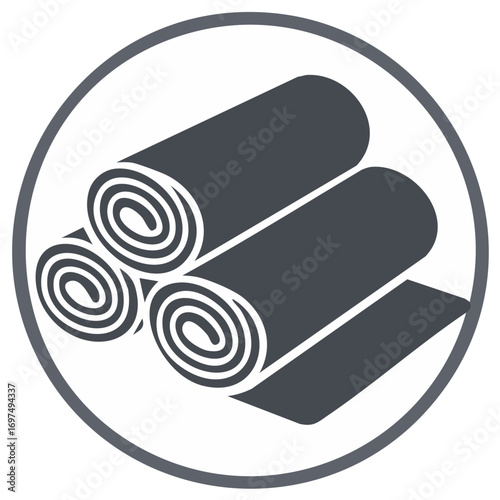 Stylized icon of stacked rolled up carpets or rugs within a circle