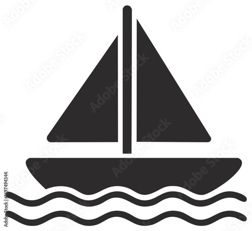 Black silhouette of a sailboat on sea waves, simple ship vector icon for travel and leisure