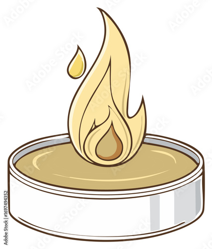 Stylized burning tea light candle with a warm golden flame and melting wax droplet