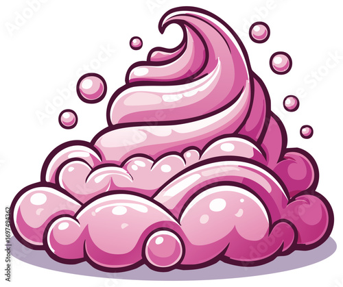 Playful cartoon swirl of pink whipped cream or soap suds with glossy bubbles