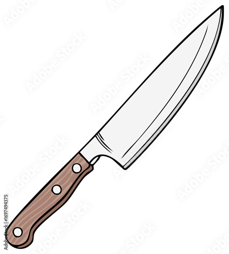 Professional chef knife sharp blade kitchen tool with wooden handle illustration