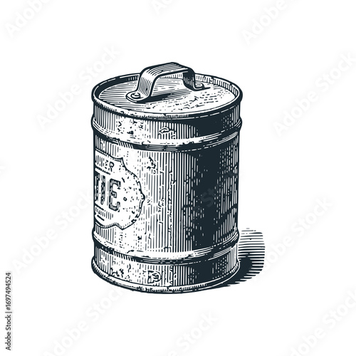 Vintage engine oil can - Black white engraved illustration