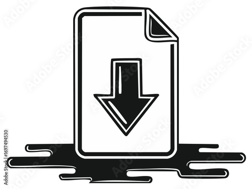 Digital file download document icon with stylized ink drip effect black and white