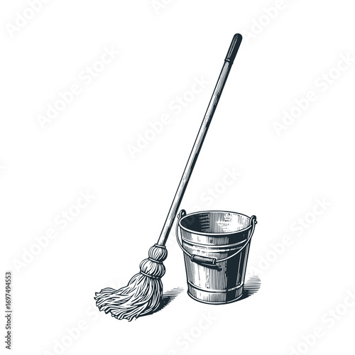 Floor mop and a bucket - Black white engraved illustration