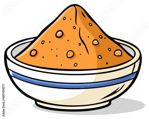 Orange powder mound in a bowl. Colorful spice mixture in bowl.