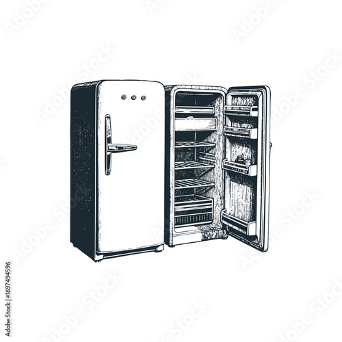 Vintage two refrigerator. Black white vector illustration.