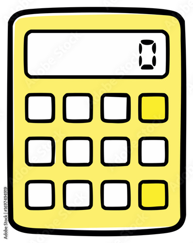 Hand-drawn style yellow calculator with numeric keypad and zero display