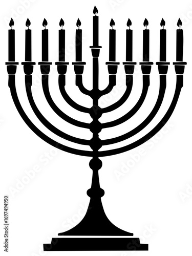 Black silhouette of a Hanukkah menorah with nine lit candles, holiday symbol