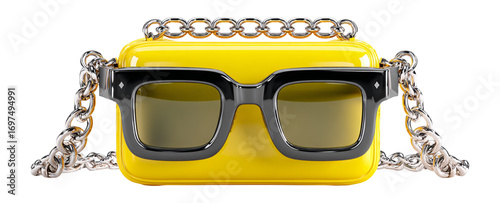 Stylish Yellow Handbag with Sunglasses and Metal Chain Strap
