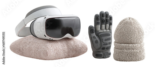 Virtual Reality Headset with Gloves and Beanie on Soft Surface
