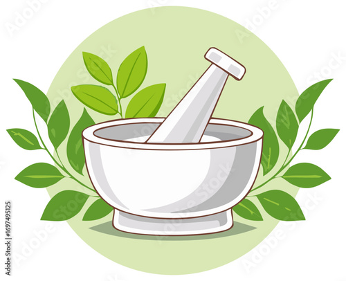 Illustration of a mortar and pestle with herbal leaves
