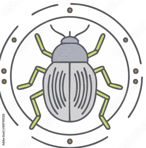 Minimalist line art icon of a beetle or computer bug in a decorative circle