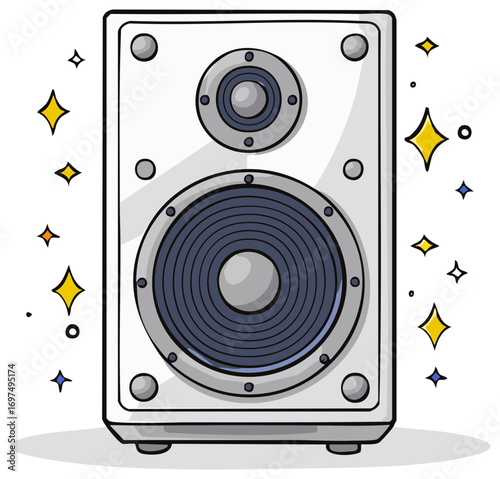 Illustrative Drawing of a White Loudspeaker with Shining Stars and Sparkles