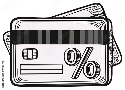 Credit cards with a percentage symbol, representing discounts, promotions, and finance