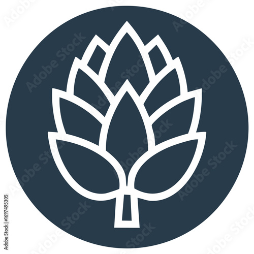 Stylized hop cone icon on a dark blue circular background