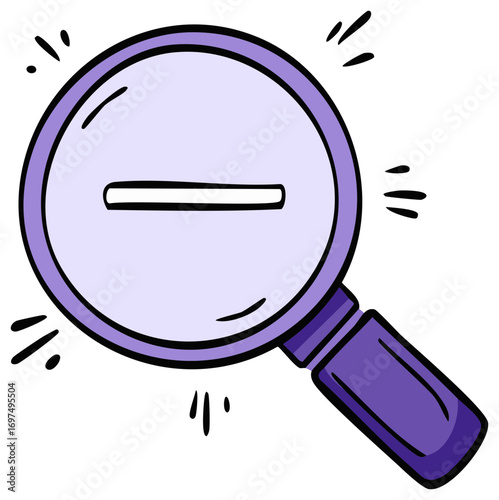 Cartoon magnifying glass with minus sign design element, zoom out symbol