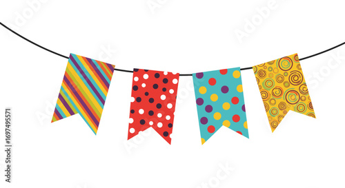 Colorful festive celebration bunting flags hanging on a string for party decorations and joyful events