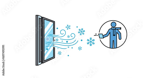Cold winter air blowing through an open window and chilling a person holding a warm drink