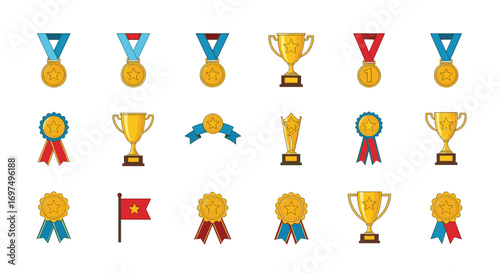 Collection of various trophies medals and awards representing achievement and victory
