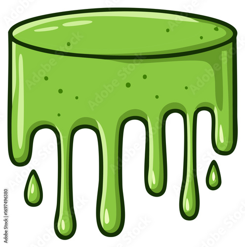 Illustration of a Driping and Oozing Green Slime, Cartoon Style with Spots and Dripping Liquids