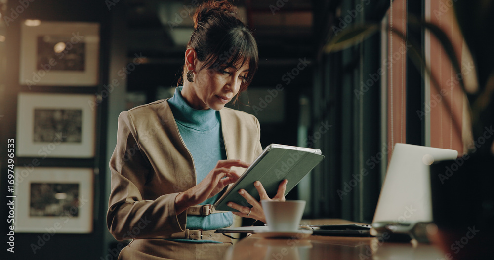 Fototapeta premium Business, tablet and woman in office, creativity and research for article post with copywriting. Person, employee and journalist with tech, column and magazine website with news report publication