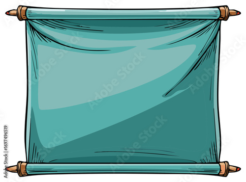 Vintage scroll with blank banner, teal fabric and wooden handles, vector illustration