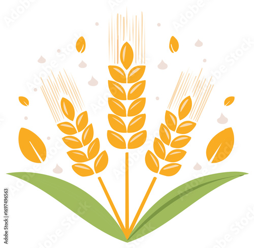 Three golden wheat stalks with green leaves and scattered grains symbolize agriculture and harvest.