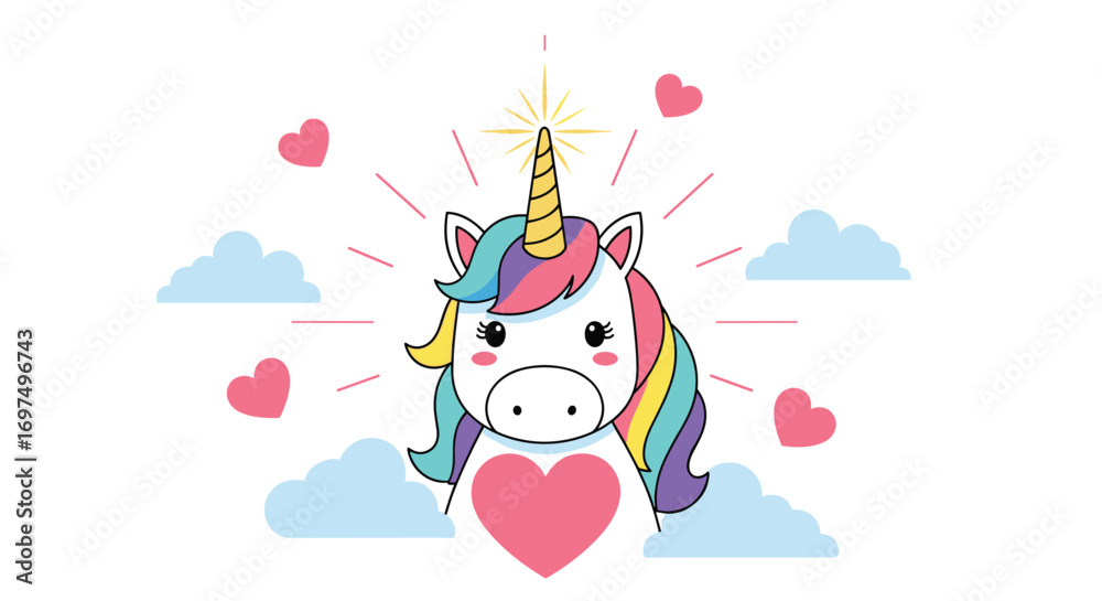 Naklejka premium Enchanting rainbow mane unicorn with heart and clouds magical fantasy creature illustration