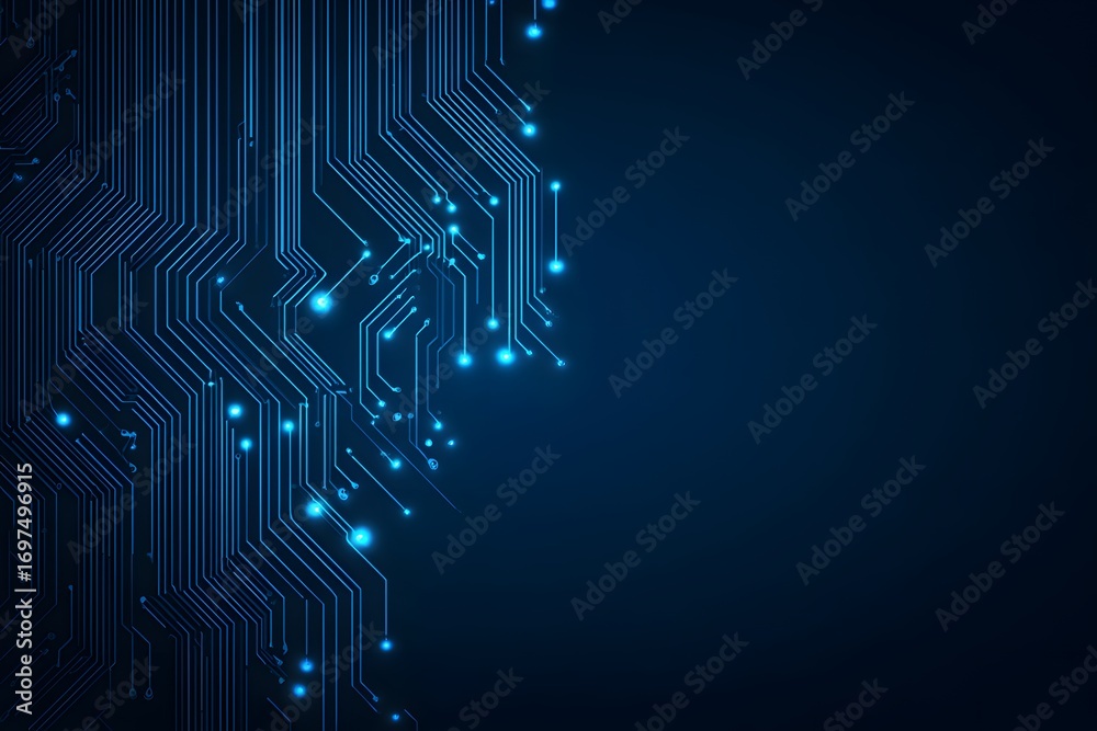 Obraz premium Blue circuit board lines with glowing nodes technology