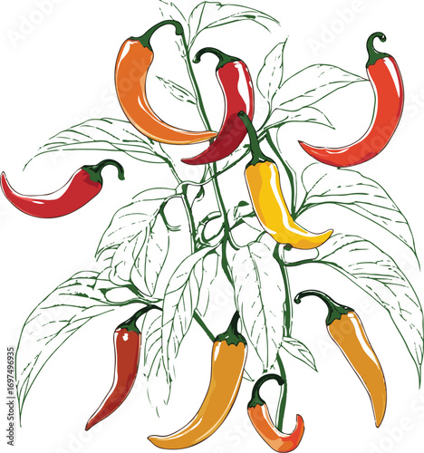 Chili pepper plant with curved peppers and pointed leaves, bold line art on white.