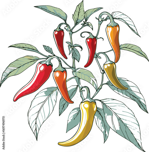 Chili pepper plant with curved peppers and pointed leaves, bold line art on white 1