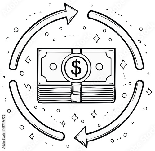 Money cycle concept illustration showcasing financial flow with currency stack and circular arrows
