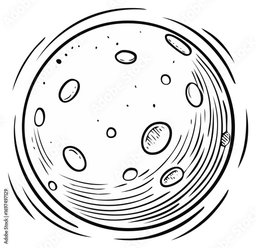 Hand Drawn Moon with Craters and Orbit Lines Black and White Outline