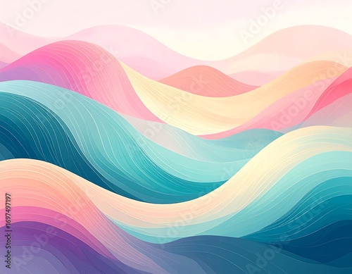 Abstract wavy landscape. Pastel colors flow in soft hills