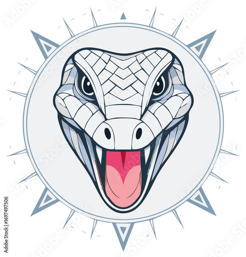 Stylized snake head with compass points. Venomous serpent, reptile with tongue, vector logo