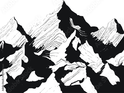 Mountain range background with layered peaks, minimal bold black line art style