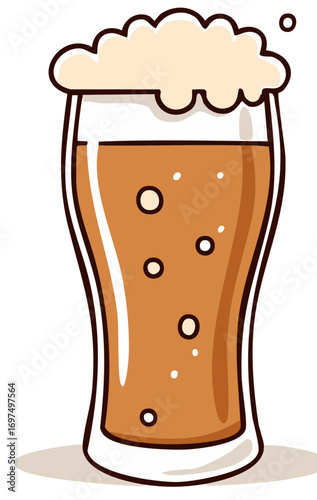 Simple cartoon illustration of a tall glass of beer with a frothy foam head and bubbles