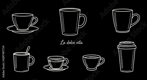 Line art illustration of various coffee cups on a black background.