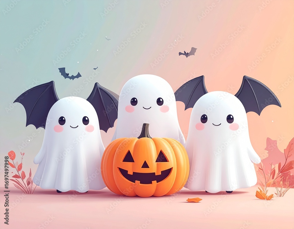 Obraz premium Generated image かわいいおばけとコウモリとかぼちゃのイラスト 楽しいハロウィン