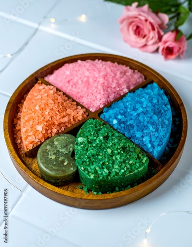 Colorful bath salts and soaps arranged in a decorative wooden dish, creating a vibrant and inviting spa-like scene.