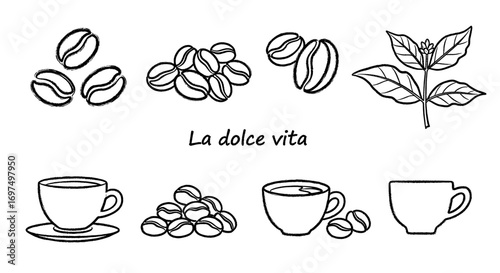 A collection of black and white line art illustrations featuring coffee beans, a coffee plant, and various cups, with the phrase 'La dolce vita'.