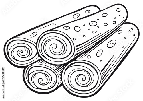 Simple illustration of stacked rolled tortillas or crepes with circular patterns